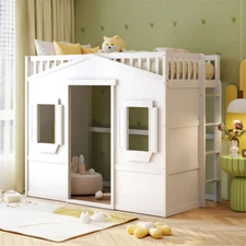 Twin Size Wood House Loft Bed w/Ladder for Kids Teens Bedroom Furniture-White