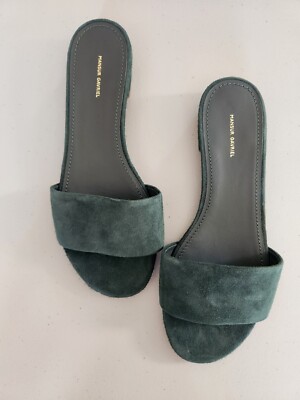 New Mansur Gavriel Suede Flat Slide Sandal Size 36.5 Dark Green