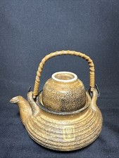 Vintage Japan Stoneware Single Serve Sake Teapot With Cup Top Bamboo Handle