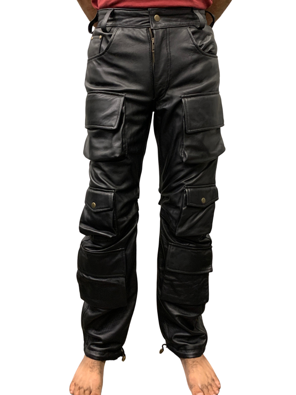 Handmade Black Leather Cargo Trousers, Unisex Slim Fit, Multi Pocket