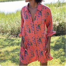 Natural Life Georgia Guaze Shirt Dress Size Large Floral Orange Blue Cotton