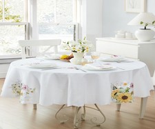 Yellow Sunflowers and Daisies Oval Embroidered Tablecloth, 60 x 84 Inch, Cutw...