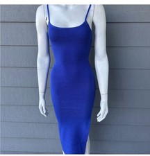 Blue Knit Bodycon Dress Midi Scoop Neck Strappy Sleeveless Pullover