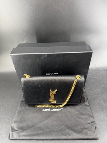 YSL Saint Laurent Kate Medium Black Gold Grain de Poudre Bag