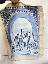 Vintage Moroccan Style Blue Cityscape Painting On Canvas Signed Wall Art Decor