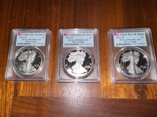 Lot of 3: 2023 W $1 Proof Silver Eagle PCGS PR70 DCAM First Day Issue 3oz total