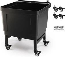 Commercial Black Freestanding Mop Sink on Wheels, Plastic Floor Mop Slop Sink
