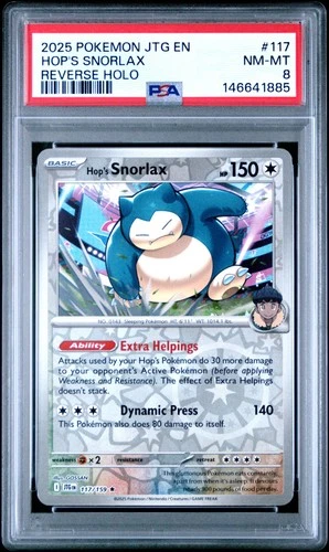 2025 POKEMON JTG EN-JOURNEY TOGETHER REVERSE HOLO #117 HOP'S SNORLAX PSA 8