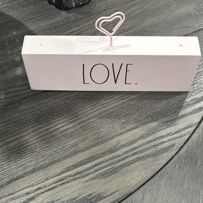 Wood LOVE Plaque Block Sign White Painted Tabletop Freestanding Pink Heart Clip