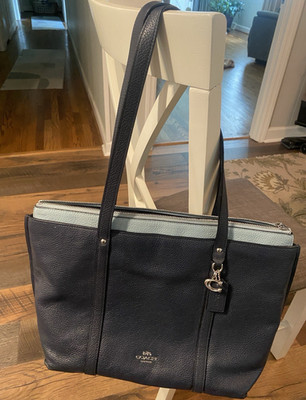 Coach Pebbled Zip Top Tote Bag Blue/Light Blue Silver Hardware Charm Pockets