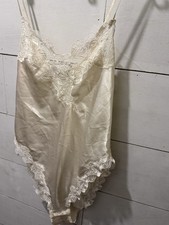 Vtg 80s Victorias Secret Shiny Satin Bodysuit Lace Teddy Lingerie Size M Ivory