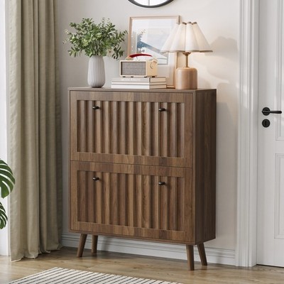 Walnut 2 Drawer Shoe Cabinet, Storage Unit for Hallway Entryway