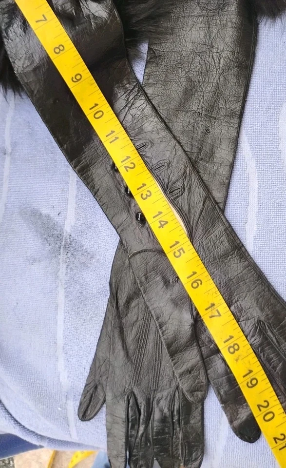 21英寸黑色儿童皮革手套。 4 英寸黑狐狸袖口歌剧!7.5 完好! 3纽扣手腕 — 第 4/4 张图片