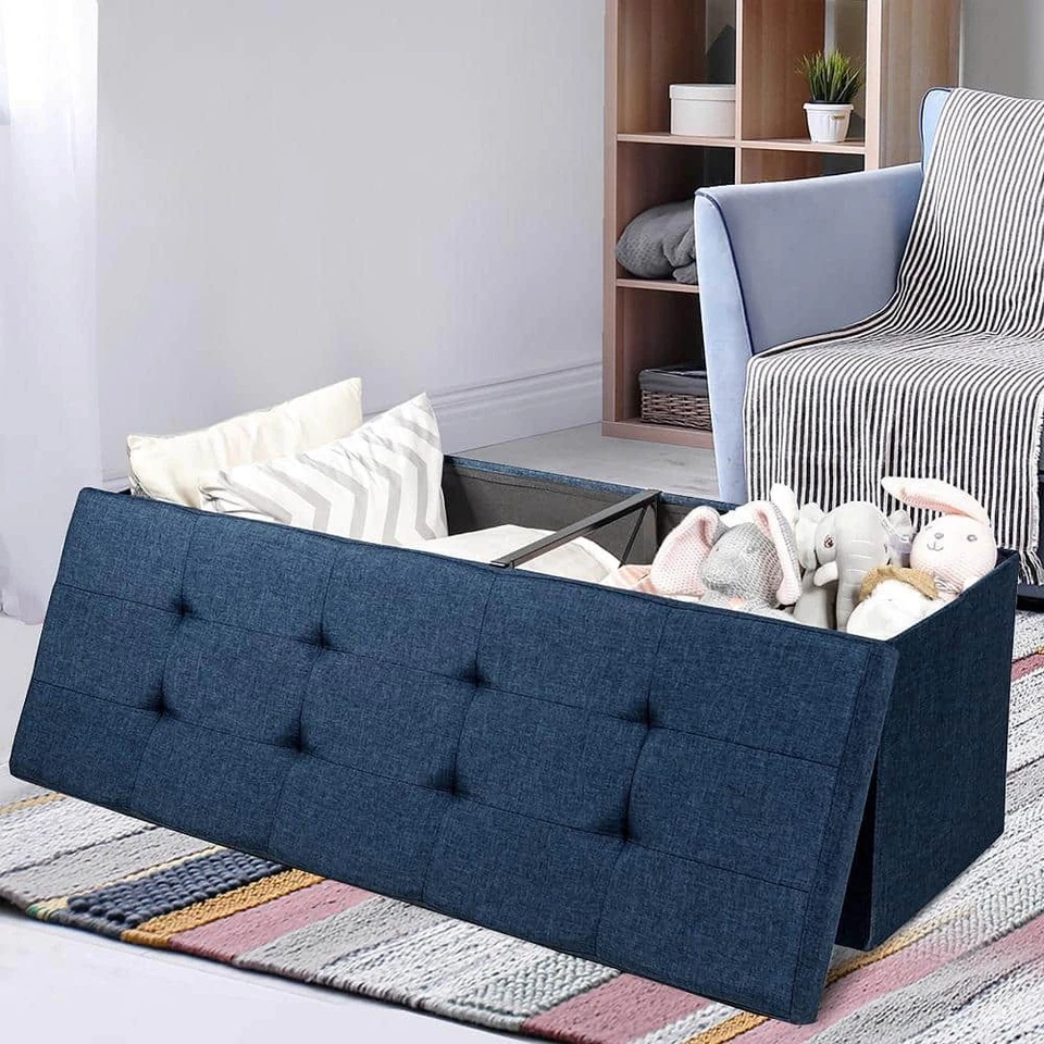 Costway Ottoman 15"x43.5"x15"Navy Fabric Folding Storage w/Divider Bed End Bench - Image 3 of 4