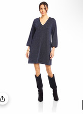 Karen Kane Women’s Navy Metallic Knit V-Neck Shift Dress 3/4 Sleeve XS