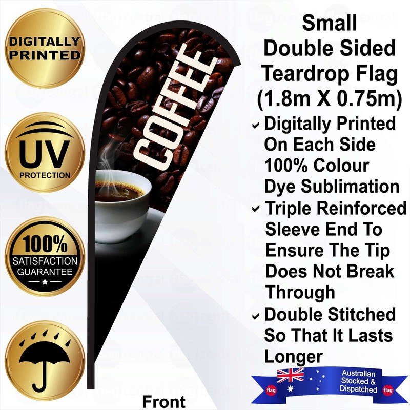 F - COFFEE Deluxe Double-Sided Brown 2.4m Teardrop Flag / Banner Kit with Pole Set, Galvanised Steel Ground Spike, Steel Outdoor Cross Base, Free 15kg Water Bag and a Free Carry Bag - 1