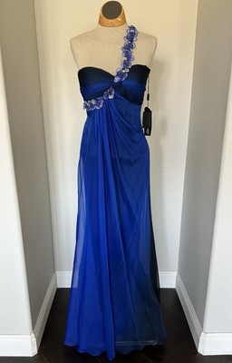 La Femme 17164 Floral One Shoulder Ombre Gown Evening Dress 4 Indigo Black $591 