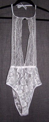PENTHOUSE White Lace High Neck Deep Plunge Teddy - Size M/L