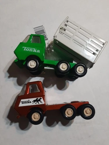2 Vintage Tiny Tonka Stake Dump Trucks Metal Green Copper 🔥 🚚