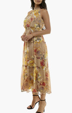 Nina Leonard Floral Sleeveless Midi Dress Mock Neck XL Chiffon Beige Yellow