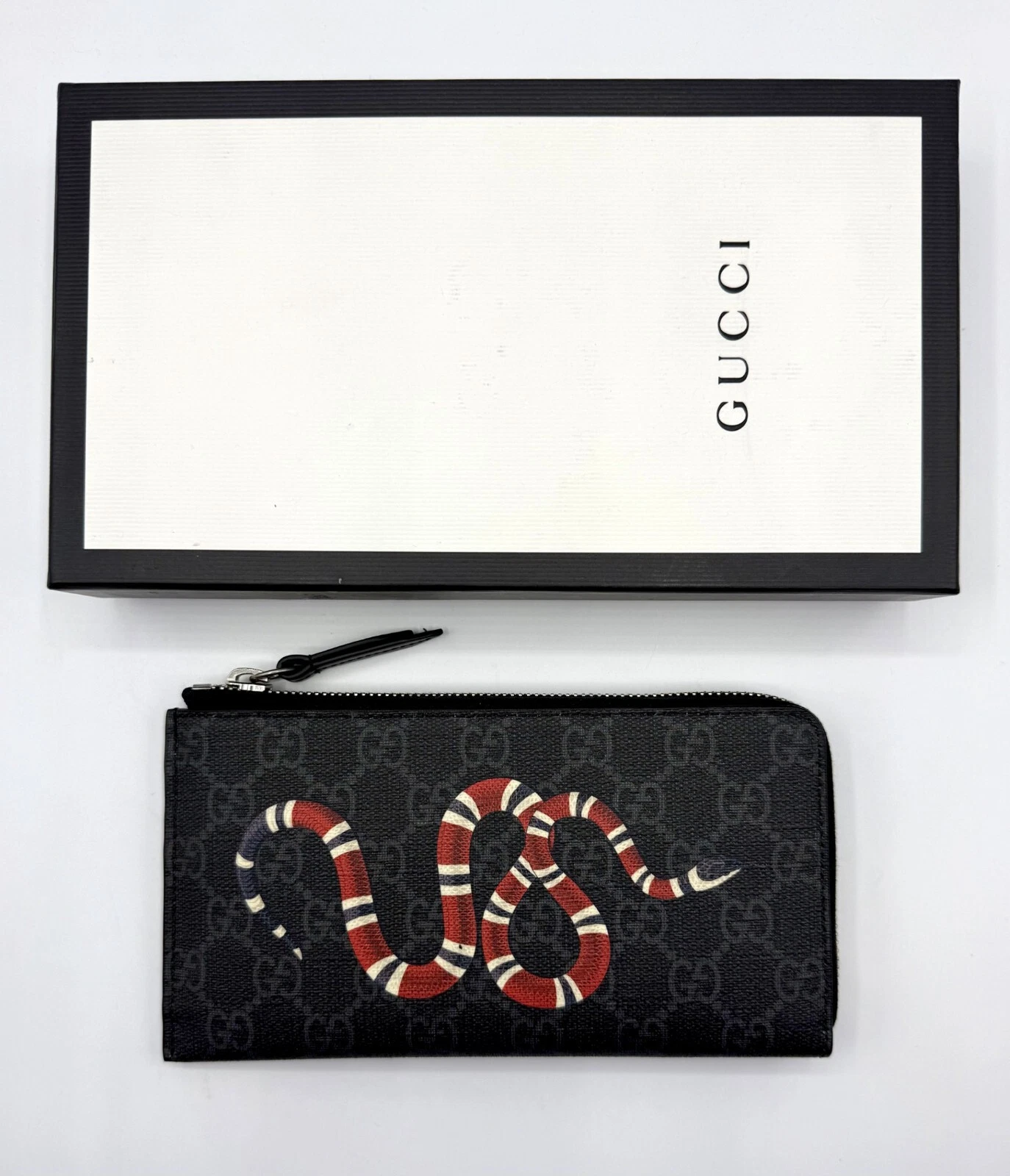 Portefeuille Gucci unisexe noir Supreme GG zippé neuf avec imprimé serpent 575364 1058 b