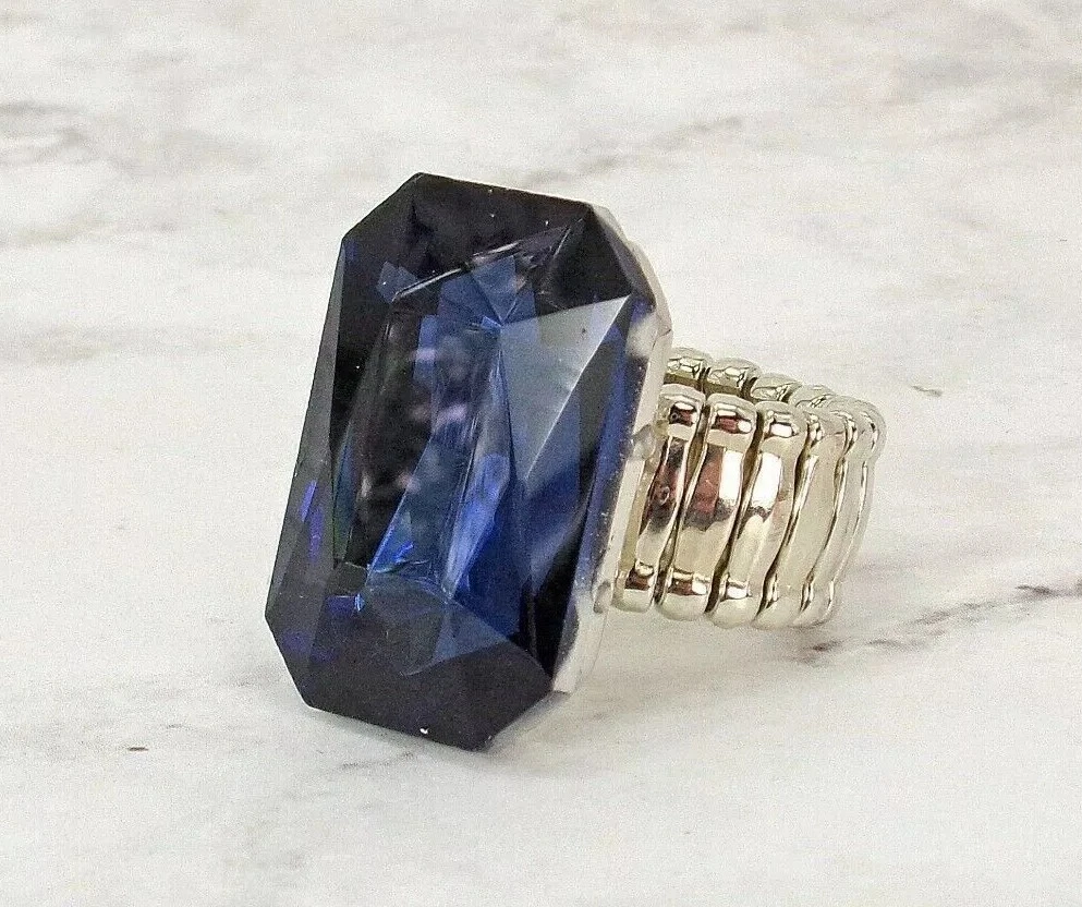 Large Blue Crystal Fashion Ring with Stretch Band. Emerald Facet