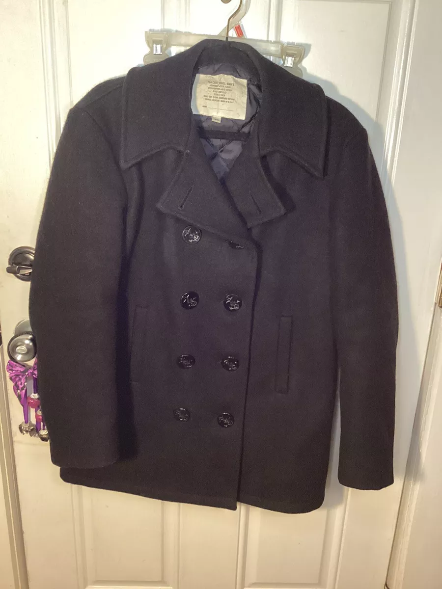 US NAVY Authentic Military Kersey Pea Coat 36r Black Wool VTG Double  Breasted