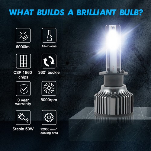 Bevinsee H1 LED Headlight Conversion Bulbs High Low Beam 6000LM 6000K White Lamp - Picture 9 of 10