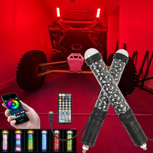 Pair 1FT Spiral LED Fat Whip RGB Light Antenna Chasing For Can-am X3 RZR UTV ATV