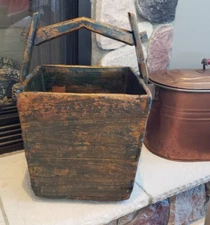 ANTIQUE ORIGINAL GREEN BLUE PAINTED PRIMITIVE FIRKIN SUGAR BEAN RICE BUCKET