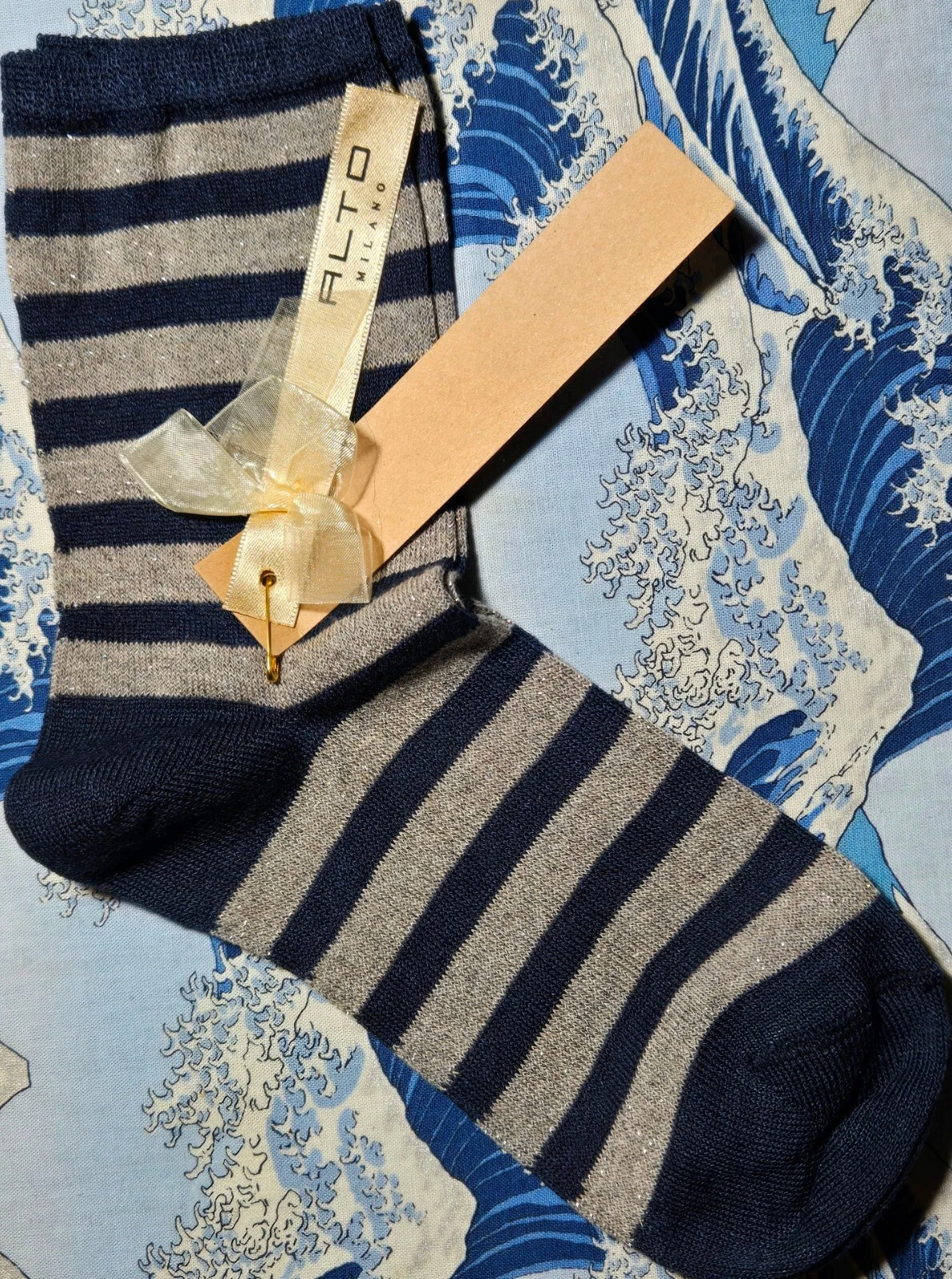 Alto Milano Womens Linen Short Socks Lurex Stripe Navy Grey Medium UK 3-5 36-38