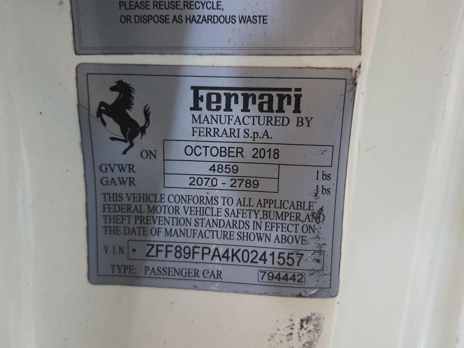 2017-2020 Ferrari Portofino OEM PASSENGER DEMISTER DUCT | 89068000