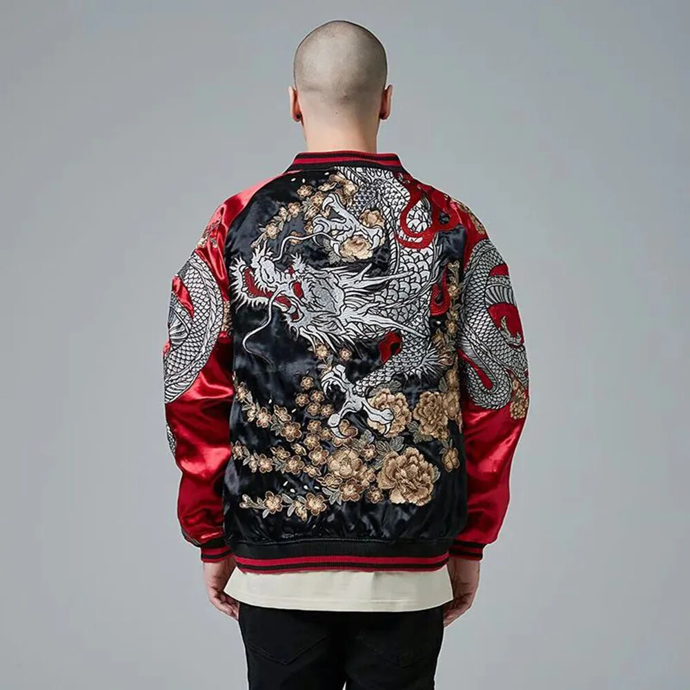 ALTRA Giacche Uomo Retro Drago Cinese Ricamato Trendy Giacca Baseball