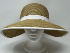 Sun N Sand Woven Hat Beige W/White Trim Wide Brim Brow Pad UPF-50 XL Crown