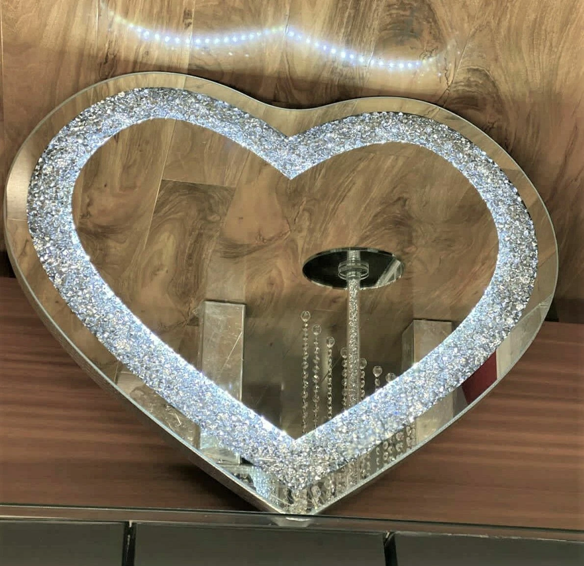 Diamond Crush LED Heart Wall Mirror Sparkly Silver Crushed Crystal 80x70cm Light
