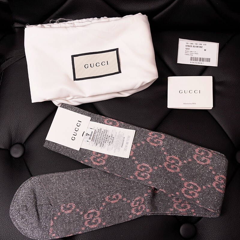 M NEW $290 GUCCI Woman's Gray w/ PINK GG Logo Lame' Cotton Calf