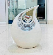 Large White Teardrop Urn with Silver Heart for Human Ashes Adult Men Women