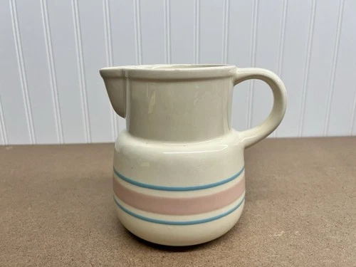 Vintage McCoy Pottery Milk Pitcher with Pink and Blue Stripe #132 USA