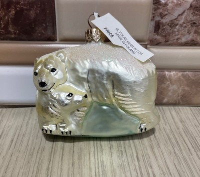Blown Glass Laying Down POLAR BEAR White/Red Glitter ORNAMENT Poland New