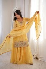 Yellow Kurta Sharara Set With Dupatta, 3 Piece Combo Set, Salwar Kameez Stitched