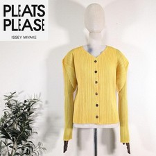 Issey Miyake Women's Yellow Pleated Collarless Jacket, Size L - Pleats Please