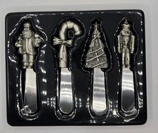 NEW Christmas-Themed Set of 4 Silver Butter Cheese Spreaders Knives 5 in