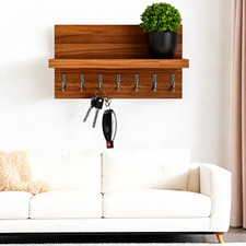 Wall Mounted Wooden Key Holder Rack with Shelf, 7 Metal Hooks, Brown