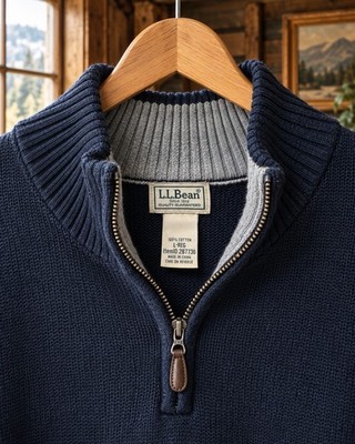 L.L.Bean Men s Blue Cotton Knit 1/4 Zip Mock Neck Pullover Sweater Size L