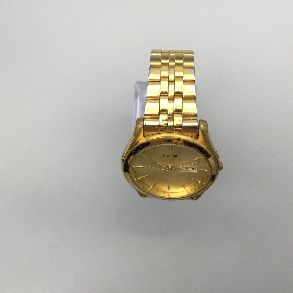 Pulsar Watch Mens 38mm Gold Tone Day Date V733-X061 New Battery 7.25" - Image 3 of 4