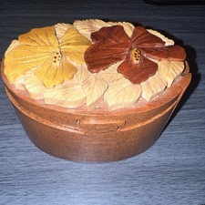 Carved Floral Wooden Puzzle Box w/Hidden Compartment. Made In Hawaii. Very Cool