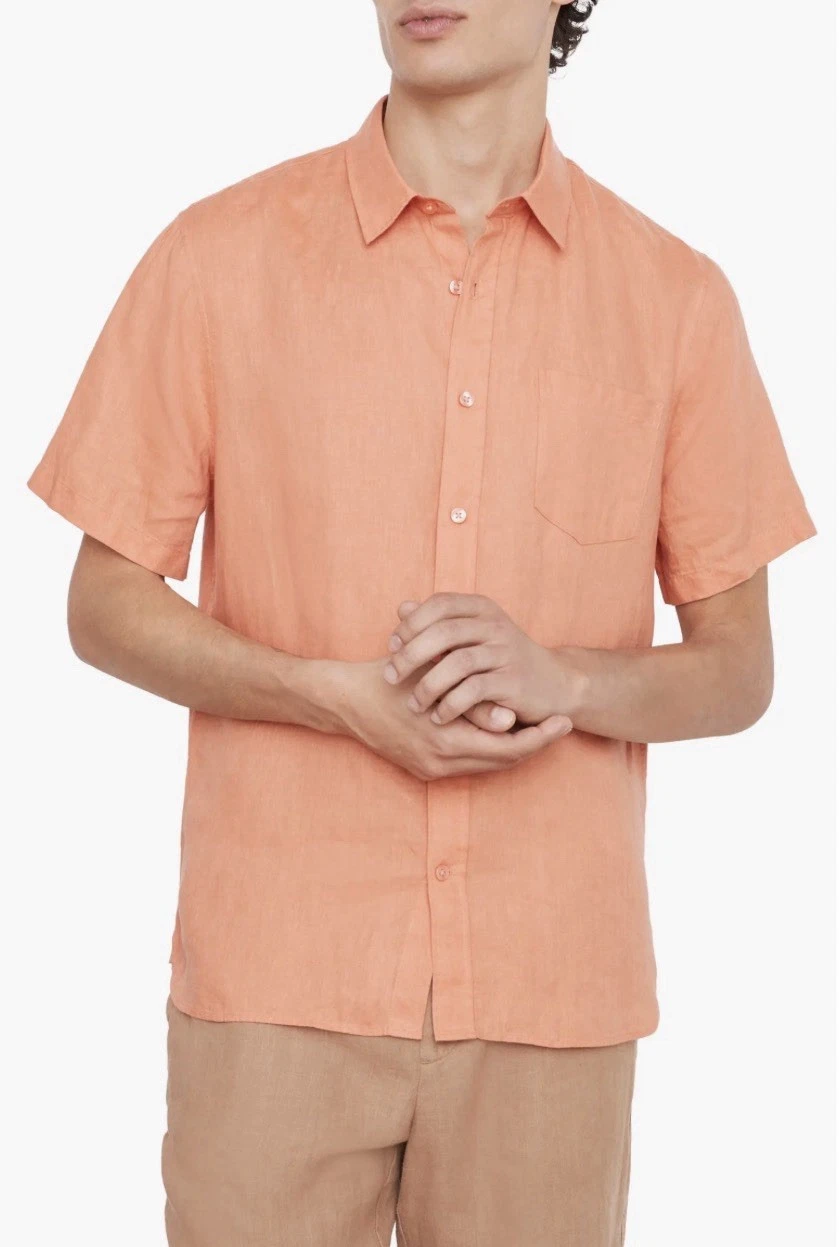 Vince Classic Fit Short Sleeve Linen Shirt 100% Linen Size XL Orange Coastal
