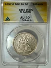 1857-O SEATED LIBERTY SILVER HALF DOLLAR /ANACS CLEANED & CERTIFIED AU50 DETAILS