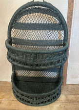 Vintage 21 inch Forest Green 2-Tier Shelf Hanging Half Round  Rattan Wicker