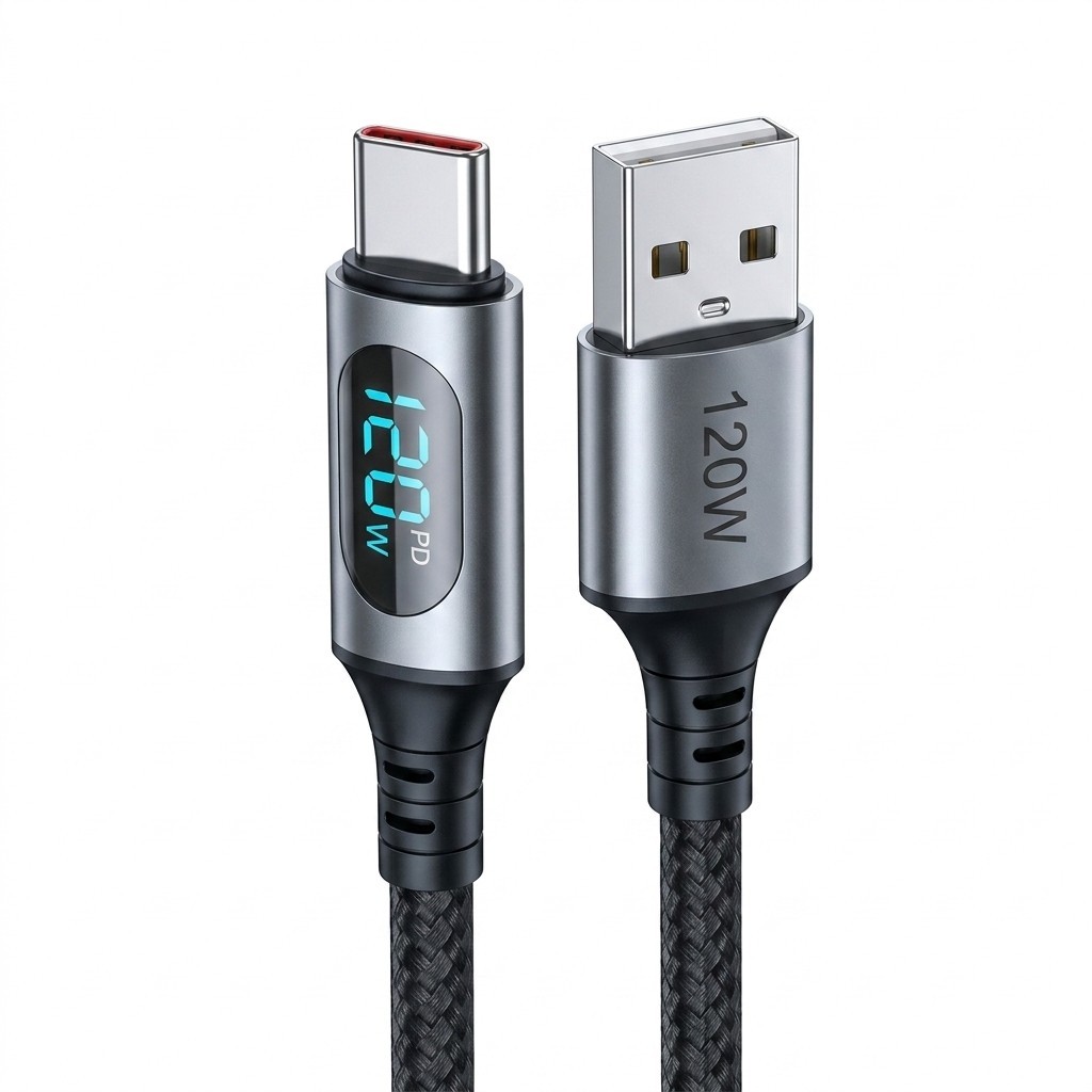 Ultra Super 6A 120W Fast Charging Cable USB A to Type C Nylon Data Cord LED Dis